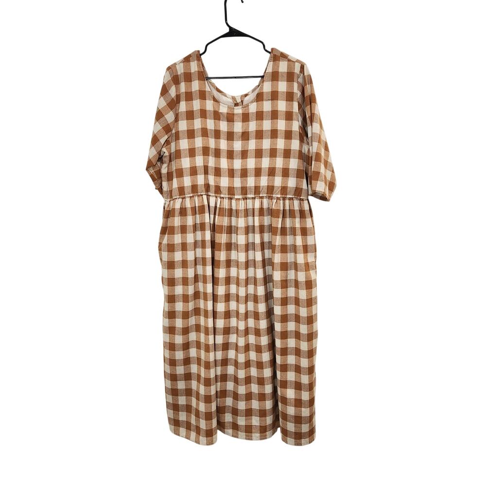 Brown Checkered Midi Dress